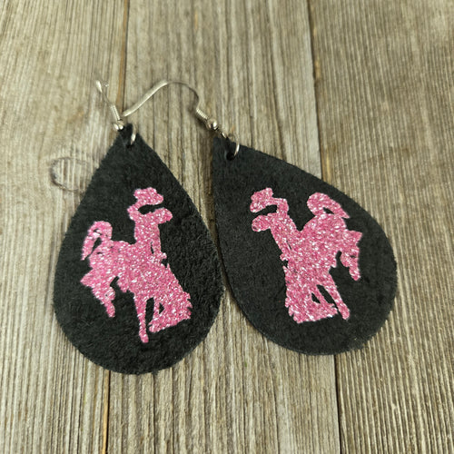 Bucking Horse & Rider®️ Suede Earrings  Black/Flamingo pink - My Wyo Designs
