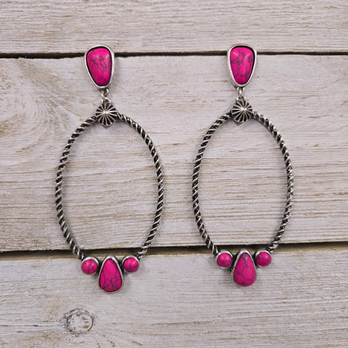 Rope Twist Oval Hoop w/Hot Pink Stone Earrings - My Wyo Designs