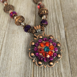 Copper Bali Scroll Magenta & Hyacinth Copper Concho Necklace - My Wyo Designs