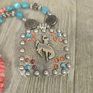 Bucking Horse & Rider Necklace ~Large~ Teal & Coral - My Wyo Designs