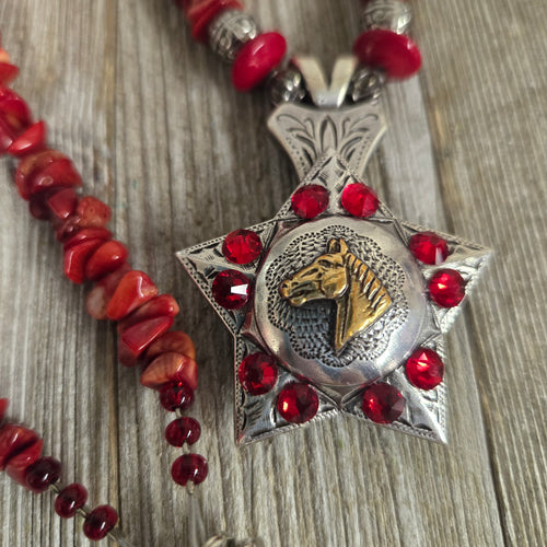 Red Coral Nugget ~ Horse & Star ~Concho Necklace - My Wyo Designs