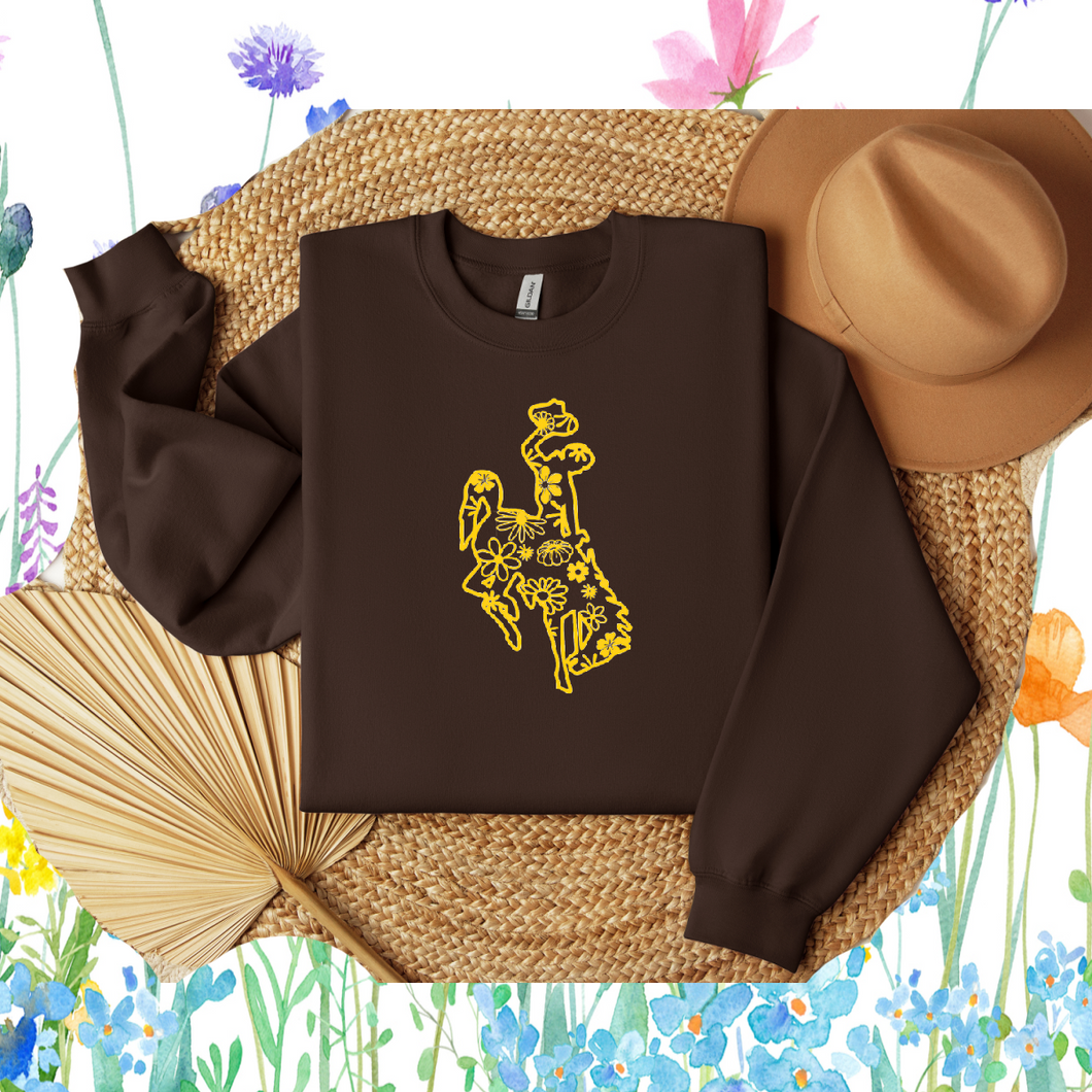 Floral Bucking Horse ~ Gildan Sweatshirt ~ Brown - My Wyo Designs
