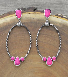 Rope Twist Oval Hoop w/Hot Pink Stone Earrings - My Wyo Designs