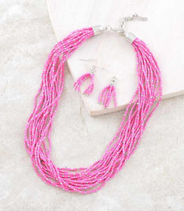 Hot Pink Multi Strand Seed Bead 18" Necklace Set - My Wyo Designs