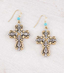 Two-tone Scroll Cross earrings~ Gold & Silver