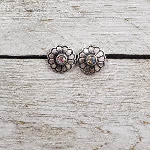 Teeny Tiny Ab Crystal Floral Silver earrings - My Wyo Designs