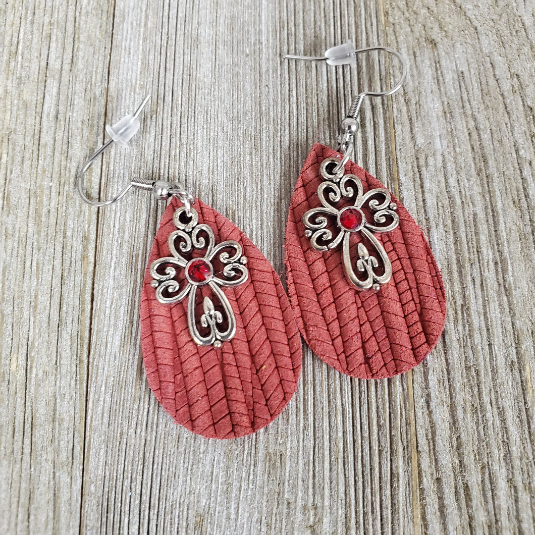 Itty Bitty Scrolled Cross Leather earrings Brick Red - My Wyo Designs