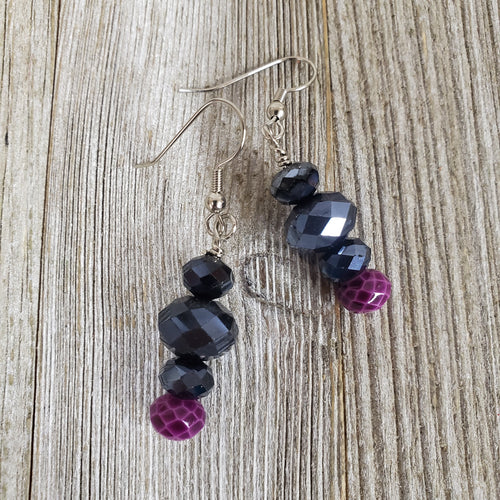 Hematite & Magenta Glass bead Earrings - My Wyo Designs