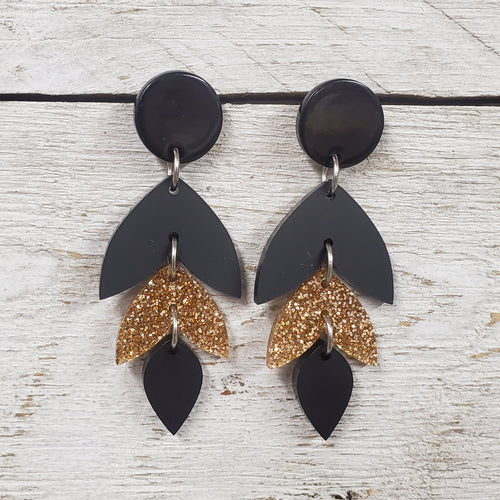 Stacked Petal Black & Gold Glitter Acrylic Earrings - My Wyo Designs