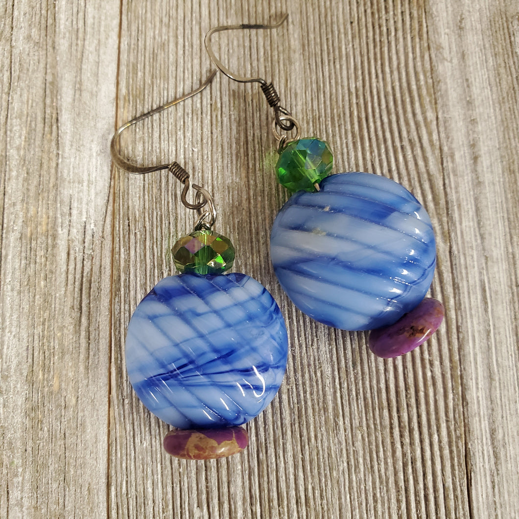 Round Blue Marbleized  bead Earrings - My Wyo Designs