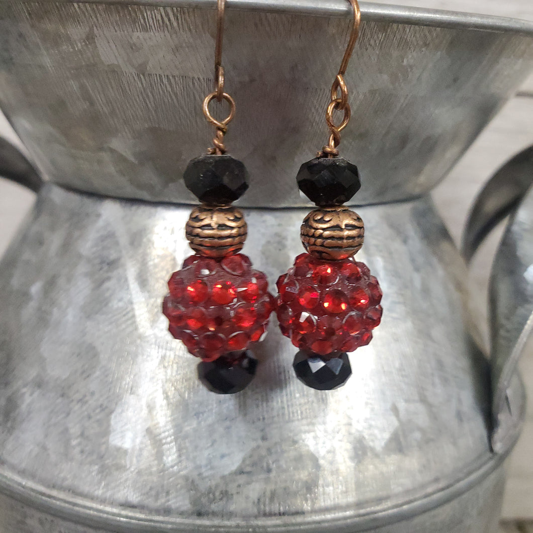 Red Disco Beads, Copper & black bead Earrings - My Wyo Designs
