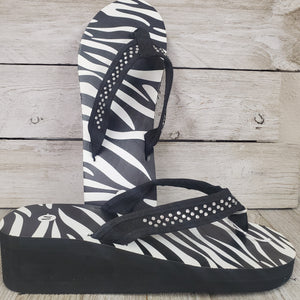 Zebra Striped, wedge Flip Flops- Crystal Accented - My Wyo Designs