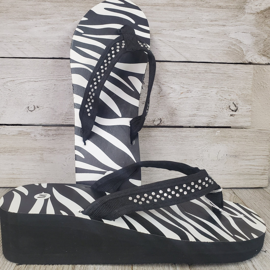 Zebra Striped, wedge Flip Flops- Crystal Accented - My Wyo Designs