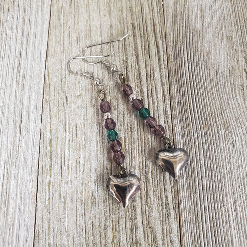 Chech Fire-polished Cut glass Bead Heart Dangle ~Purple Earrings - My Wyo Designs
