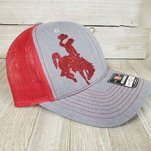 Red, WYO & Blue Bucking horse & Rider®️Trucker cap ~Grey - My Wyo Designs