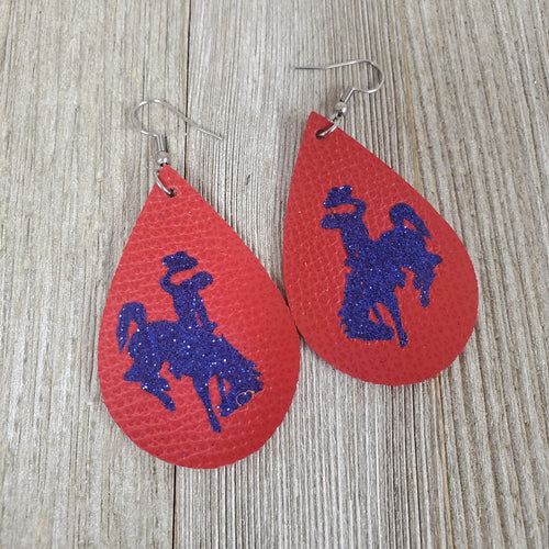 Bucking Horse & Rider®️ Leather Earrings  Red/Blue - My Wyo Designs