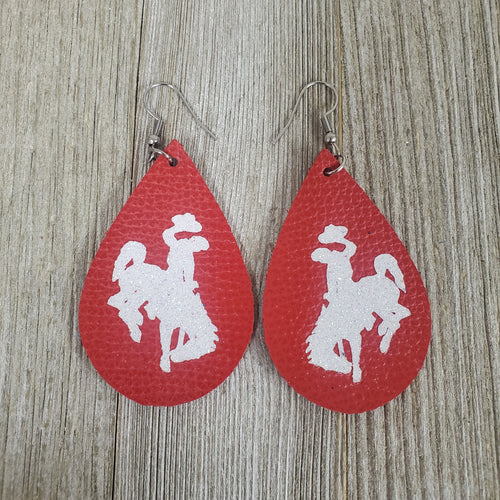 Bucking Horse & Rider®️ Leather Earrings  Red/White - My Wyo Designs