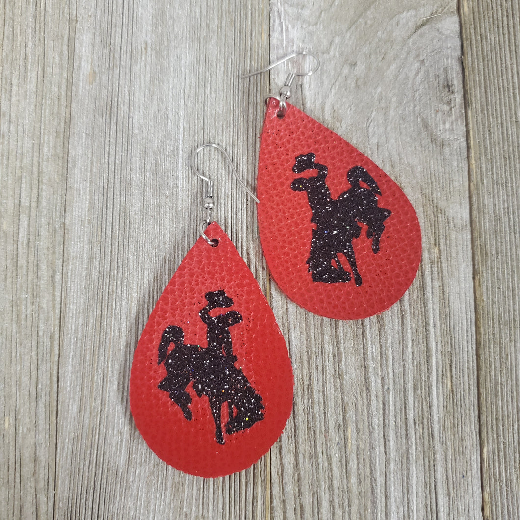 Bucking Horse & Rider®️ Leather Earrings Red/Black - My Wyo Designs
