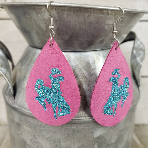 Bucking Horse & Rider®️Earrings Leather Spirt of the West Magenta/Teal - My Wyo Designs