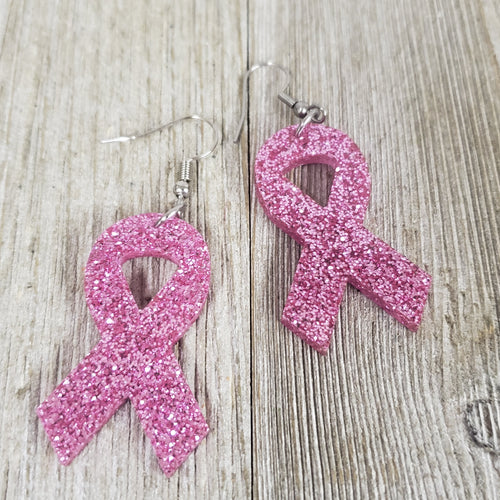 Glitter Pink Ribbon ~Buckin' for a Cure~ Earrings - My Wyo Designs
