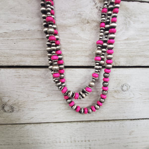 Triple strand Navajo Silver & Pinktober Round Bead necklace - My Wyo Designs