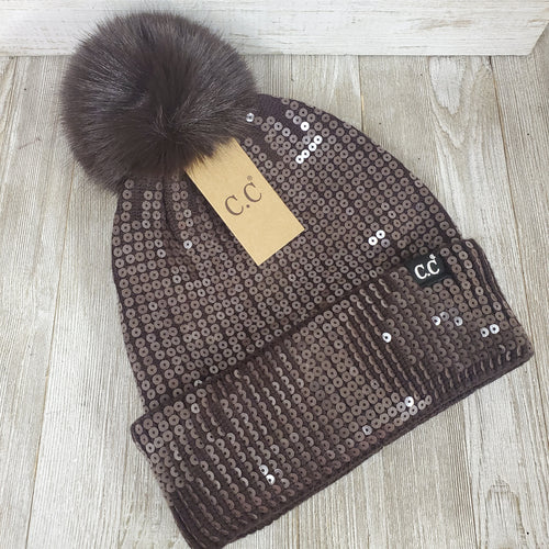 All Over Sequin ~Brown Pom CC Beanie - My Wyo Designs