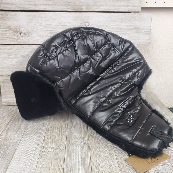 Black Puffer Faux Fur Trapper Cap