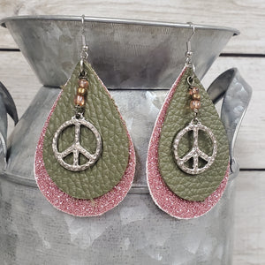 Double Olive & Rose Gold Leather Peace Earrings - My Wyo Designs