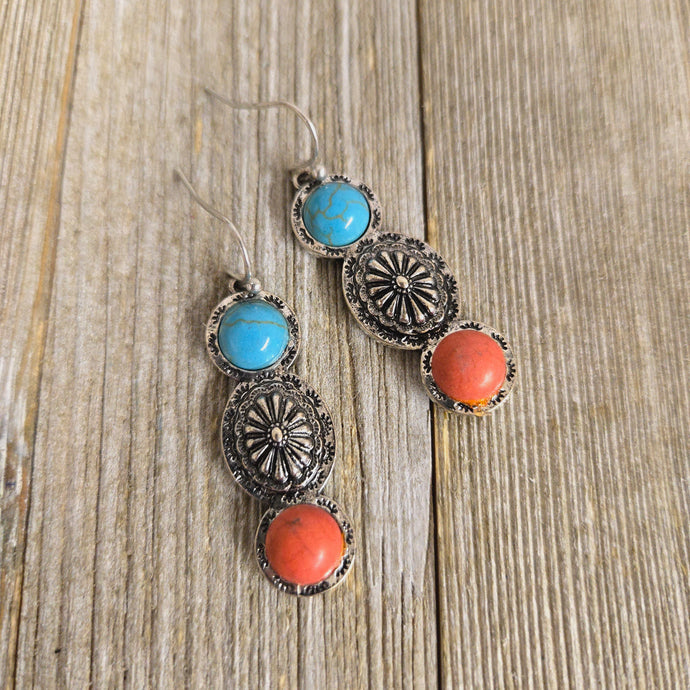 Desert Concho ~Turquoise & Coral Bar earrings