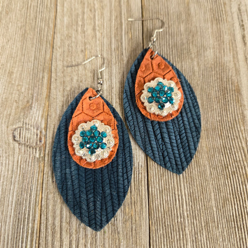 Western Teal Concho Leather Earrings - My Wyo Designs