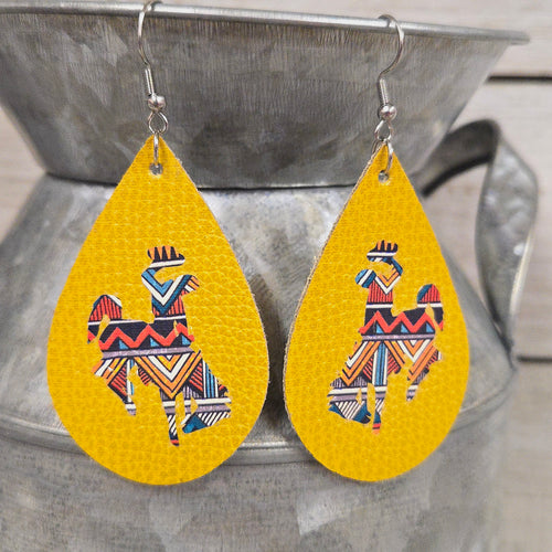 Bucking Horse & Rider®️ Leather Earrings Mustard/Aztec - My Wyo Designs