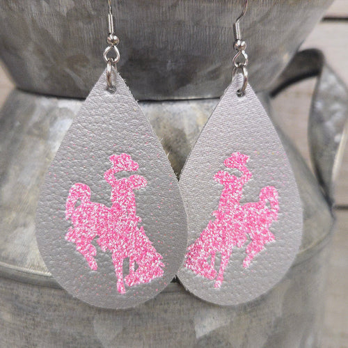 Bucking Horse & Rider®️ Leather Earrings Chrome/flamingo pink - My Wyo Designs
