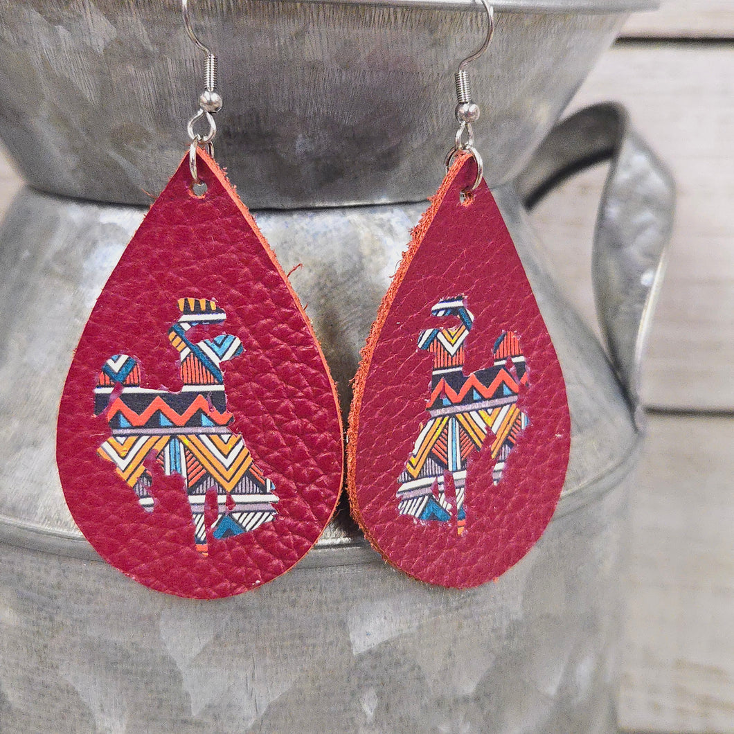 Bucking Horse & Rider®️ Leather Earrings Rust/Aztec - My Wyo Designs