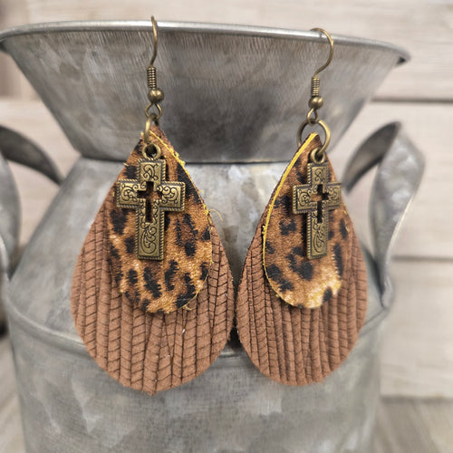 Leopard Bronze Cross Leather Brown Earrings - My Wyo Designs
