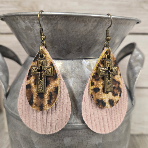 Leopard Bronze Cross Leather Peachy Earrings - My Wyo Designs