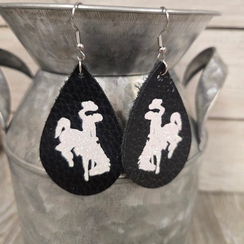 Bucking Horse & Rider®️ Leather Earrings Black/White - My Wyo Designs