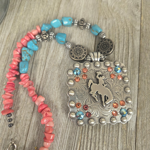 Bucking Horse & Rider Necklace ~Large~ Teal & Coral - My Wyo Designs