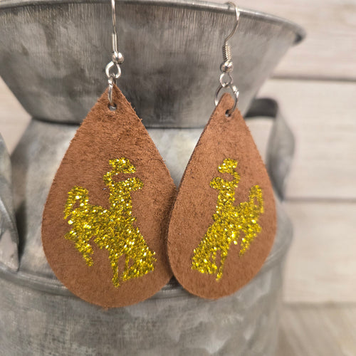 Go Pokes! Bucking Horse & Rider®️ Leather Earrings  Brown/Gold - My Wyo Designs