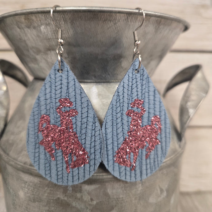 Bucking Horse & Rider®️ Palm Leather Earrings~ Dusty Blue/rose gold - My Wyo Designs