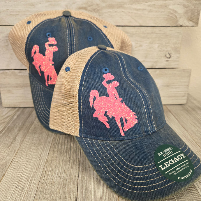 Washed Teal & Coral Glitter Ball Cap Bucking Horse & Rider®️ - My Wyo Designs