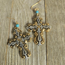 Two-tone Scroll Cross earrings~ Gold & Silver