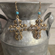 Two-tone Scroll Cross earrings~ Gold & Silver