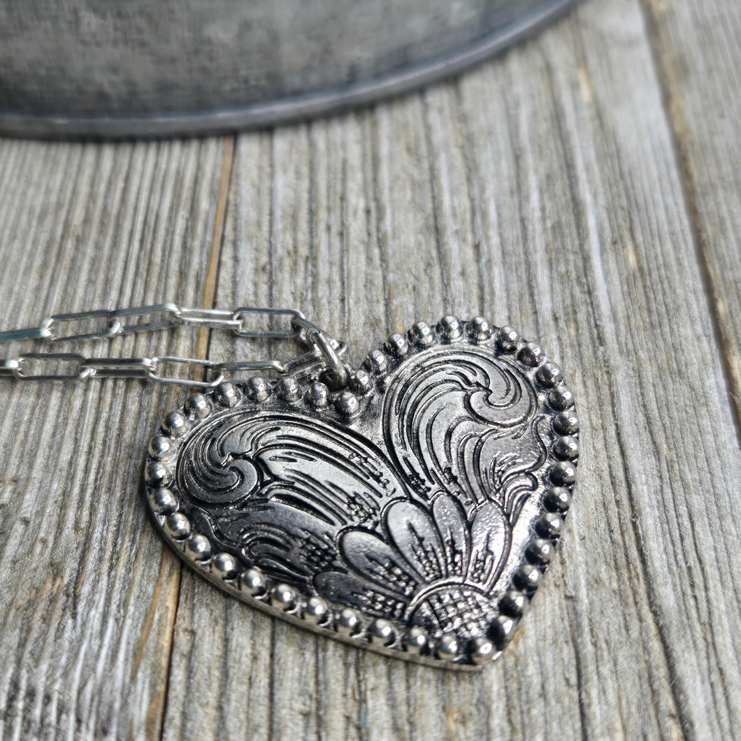 Tooled Silver Heart Necklace