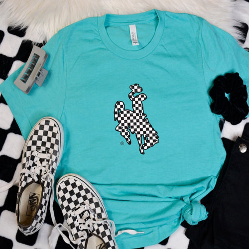 Checkered Bucking Horse Tee ~ Tahiti Blue - My Wyo Designs