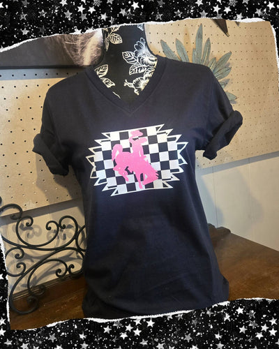 Aztec & Checkerboard V'neck Bella Tee - My Wyo Designs
