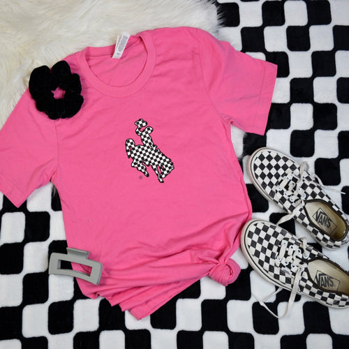 Checkered Bucking Horse Tee ~ Comfort Colors Neon Pink - My Wyo Designs