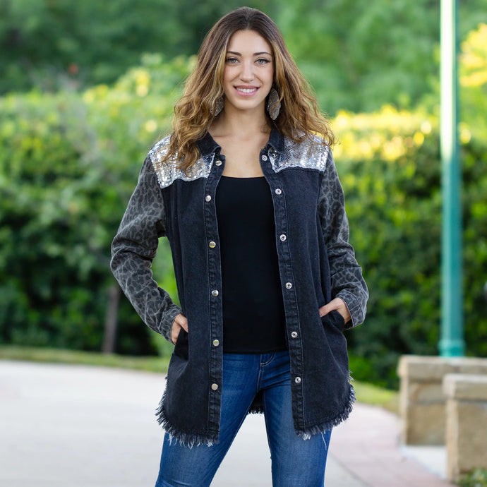 Black Denim Fringed & Sequin Shacket - My Wyo Designs