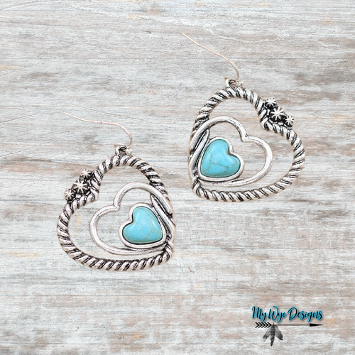 Double Rope Trim Turquoise Heart Earrings - My Wyo Designs