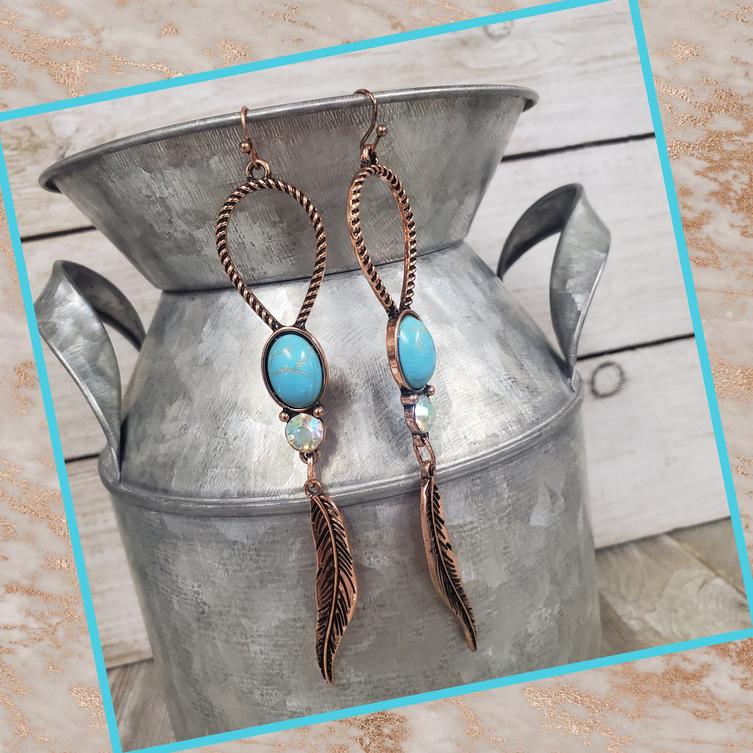 Copper, Ab & Turquoise Long Feather  Earrings - My Wyo Designs