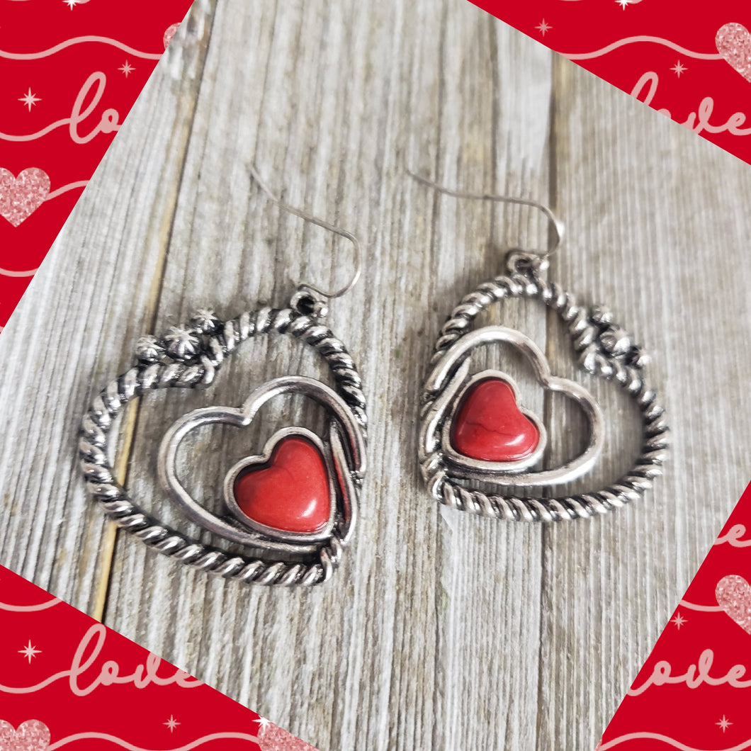 Double Rope Trim Red Heart Earrings - My Wyo Designs